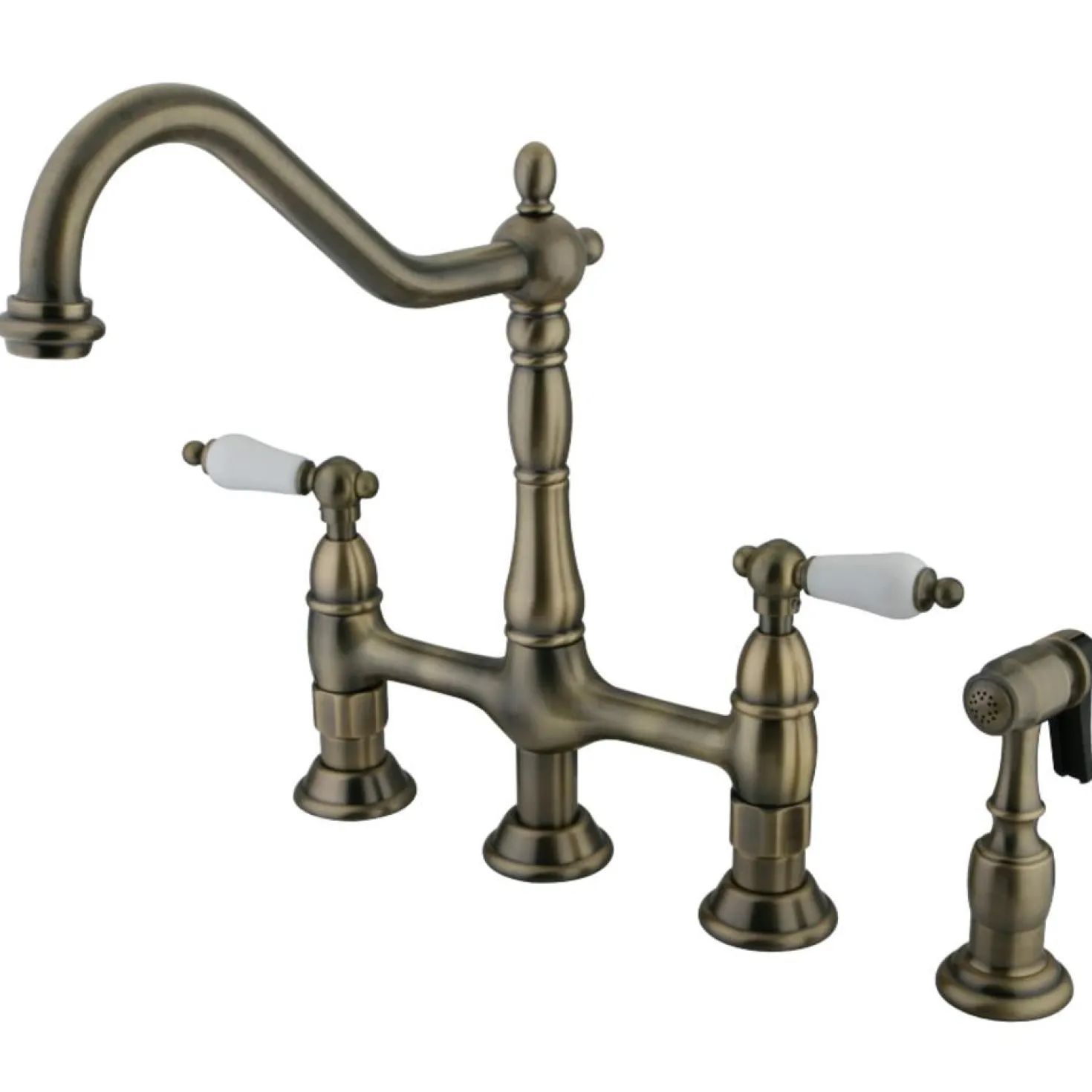 Kingston Brass Heritage Deck Mount 8-Inch Bridge Kitchen Faucet with Brass Sprayer