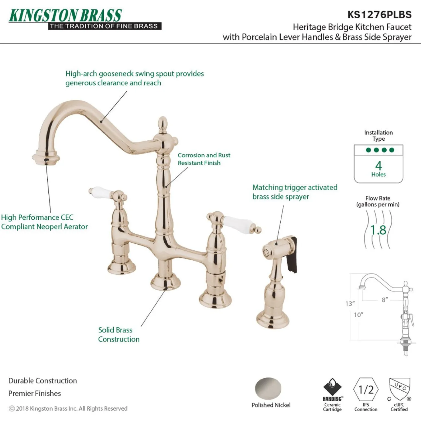 Kingston Brass Heritage Deck Mount 8-Inch Bridge Kitchen Faucet with Brass Sprayer
