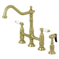 Kingston Brass Heritage Deck Mount 8-Inch Bridge Kitchen Faucet with Brass Sprayer