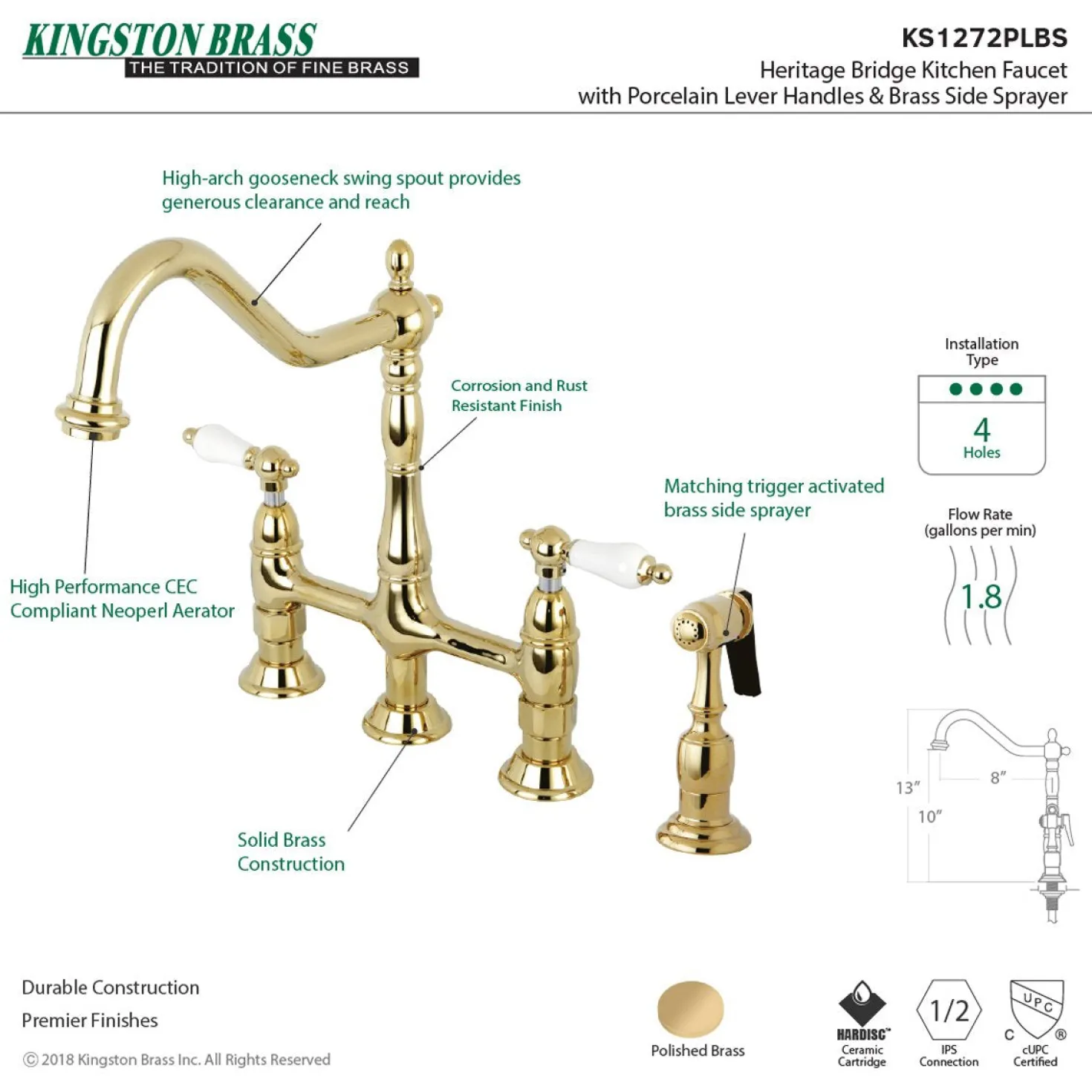 Kingston Brass Heritage Deck Mount 8-Inch Bridge Kitchen Faucet with Brass Sprayer