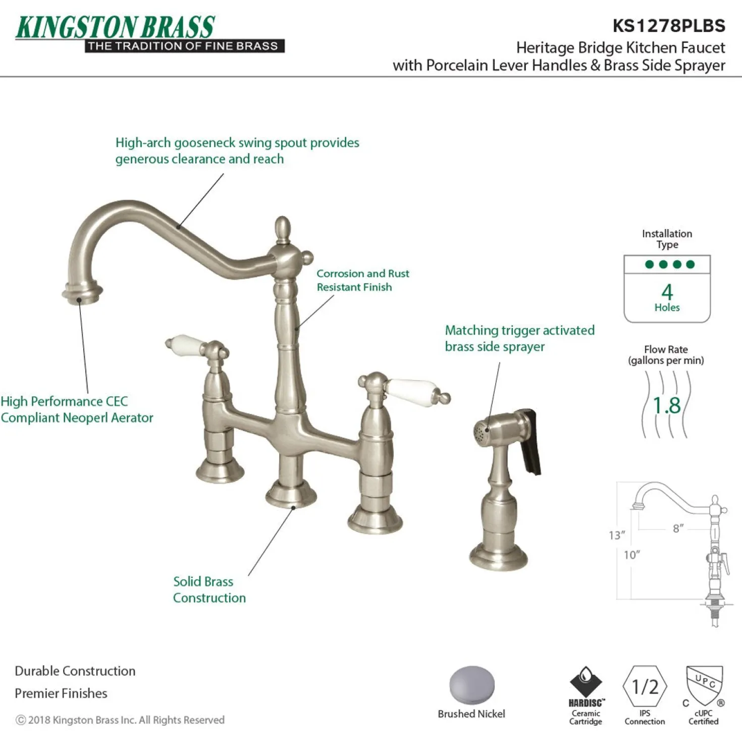 Kingston Brass Heritage Deck Mount 8-Inch Bridge Kitchen Faucet with Brass Sprayer