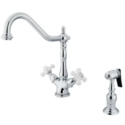 Kingston Brass Heritage Deck Mount 2-Handle Kitchen Faucet with Brass Sprayer and 8-Inch Plate