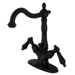 Kingston Brass Heritage Deck Mount 4-Inch Centerset Bathroom Faucet with Pop-Up Drain