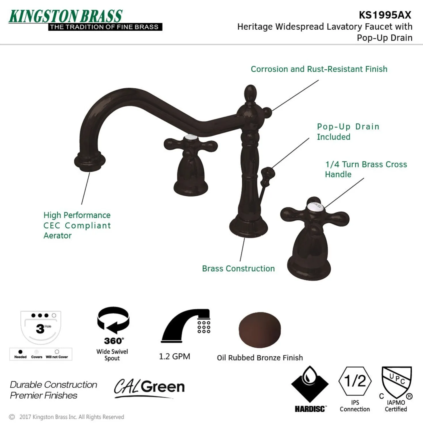 Kingston Brass Heritage Deck Mount 8-Inch Widespread Bathroom Faucet with Brass Pop-Up