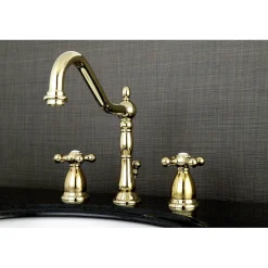 Kingston Brass Heritage Deck Mount 8-Inch Widespread Bathroom Faucet with Brass Pop-Up