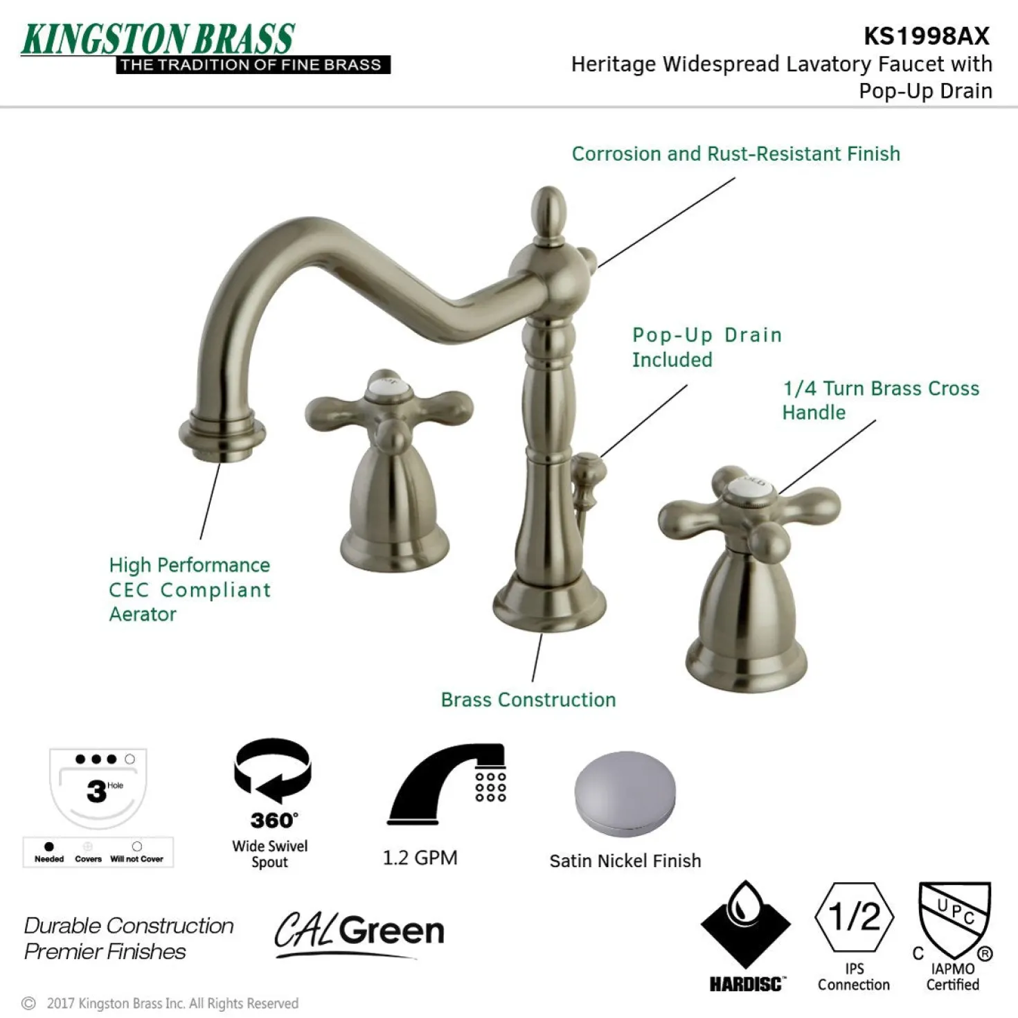Kingston Brass Heritage Deck Mount 8-Inch Widespread Bathroom Faucet with Brass Pop-Up