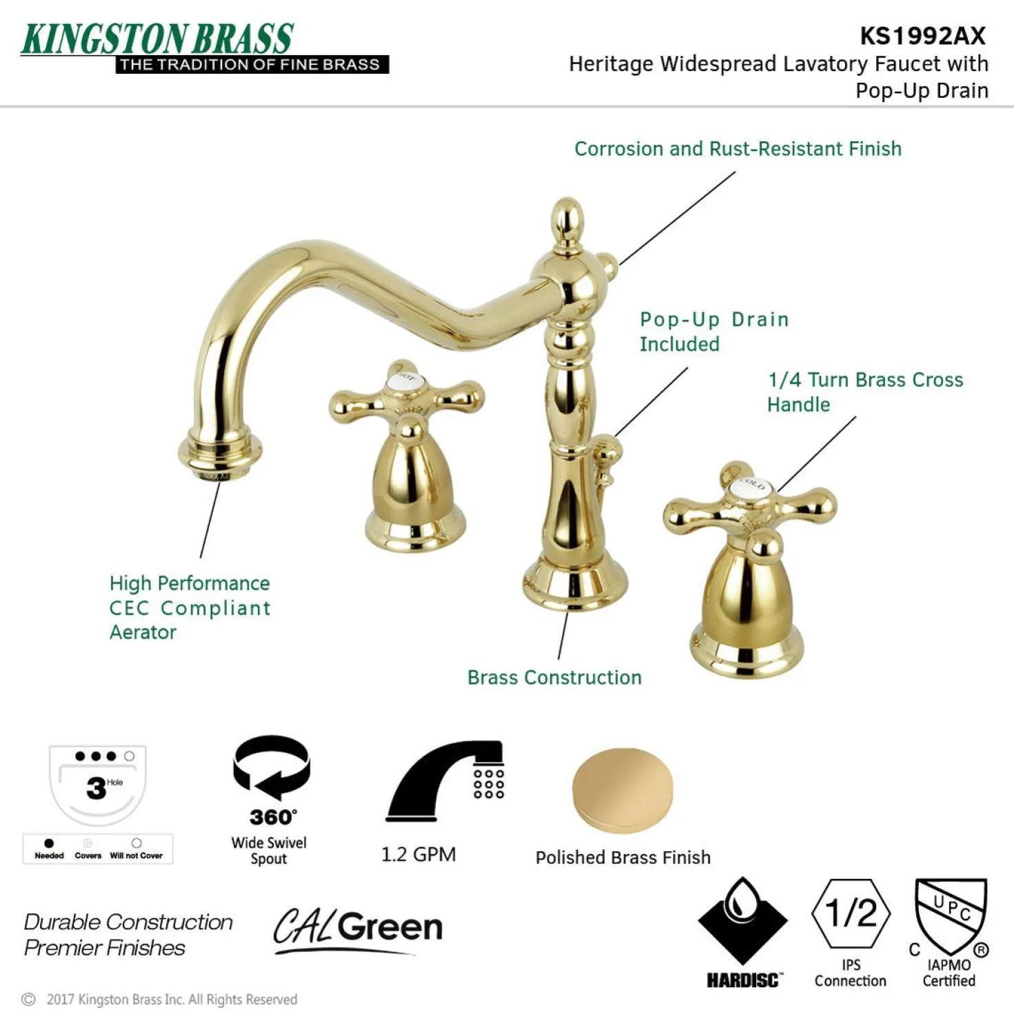 Kingston Brass Heritage Deck Mount 8-Inch Widespread Bathroom Faucet with Brass Pop-Up
