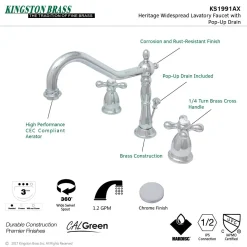 Kingston Brass Heritage Deck Mount 8-Inch Widespread Bathroom Faucet with Brass Pop-Up