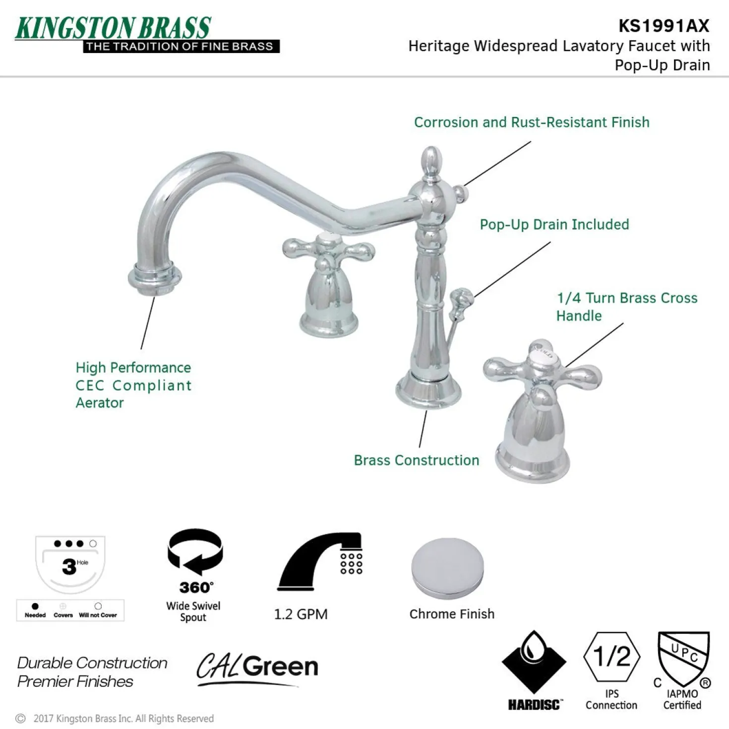 Kingston Brass Heritage Deck Mount 8-Inch Widespread Bathroom Faucet with Brass Pop-Up