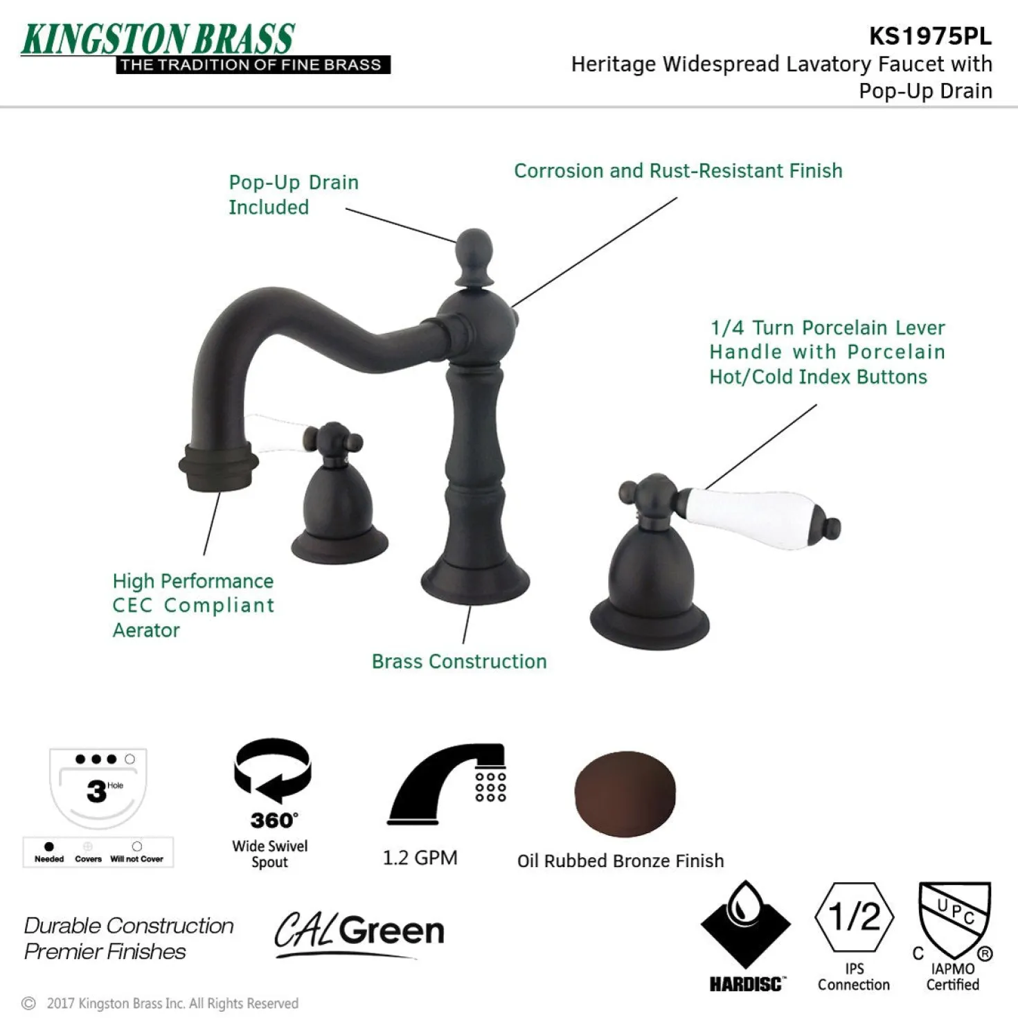 Kingston Brass Heritage 2-Handle 8-Inch Widespread Bathroom Faucet