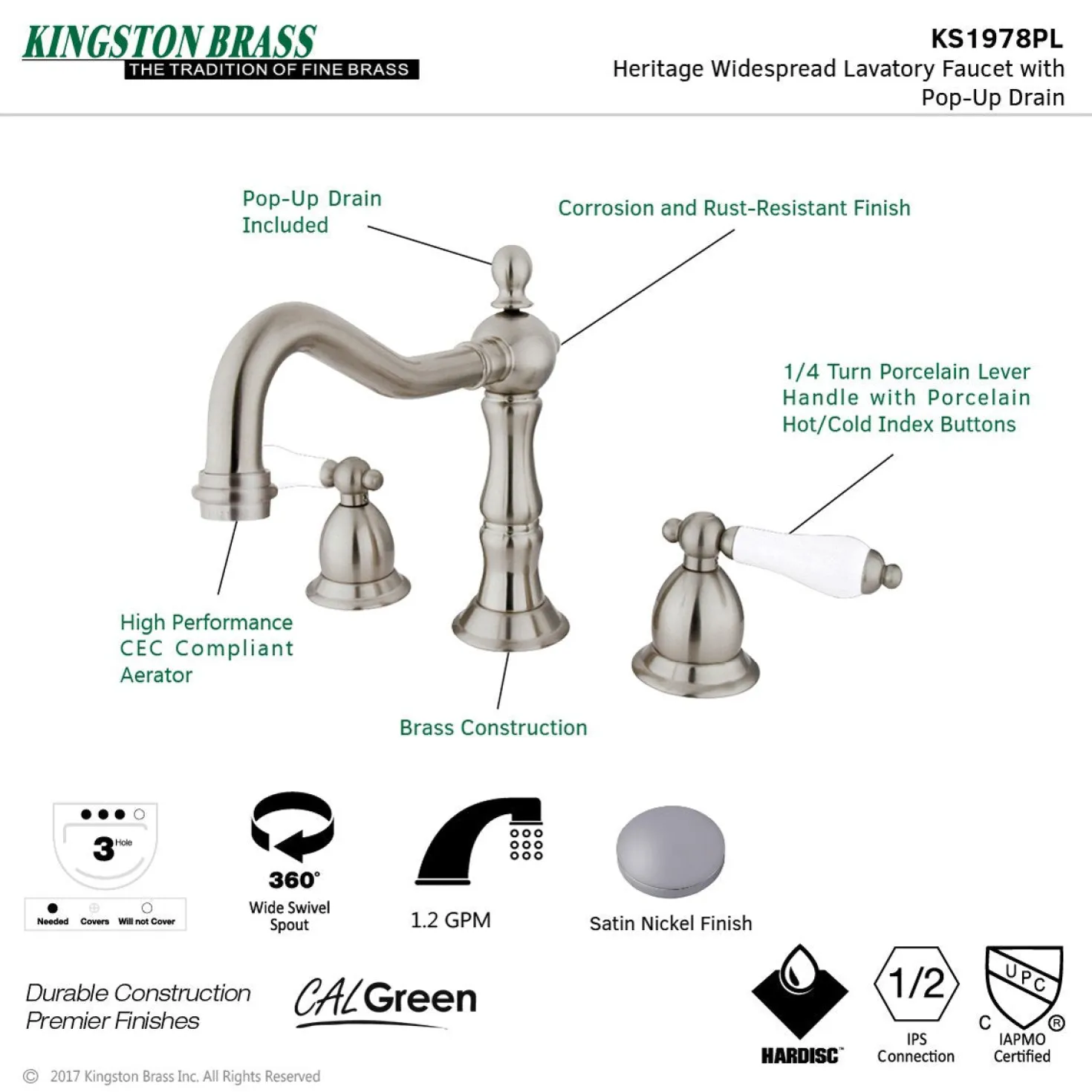 Kingston Brass Heritage 2-Handle 8-Inch Widespread Bathroom Faucet