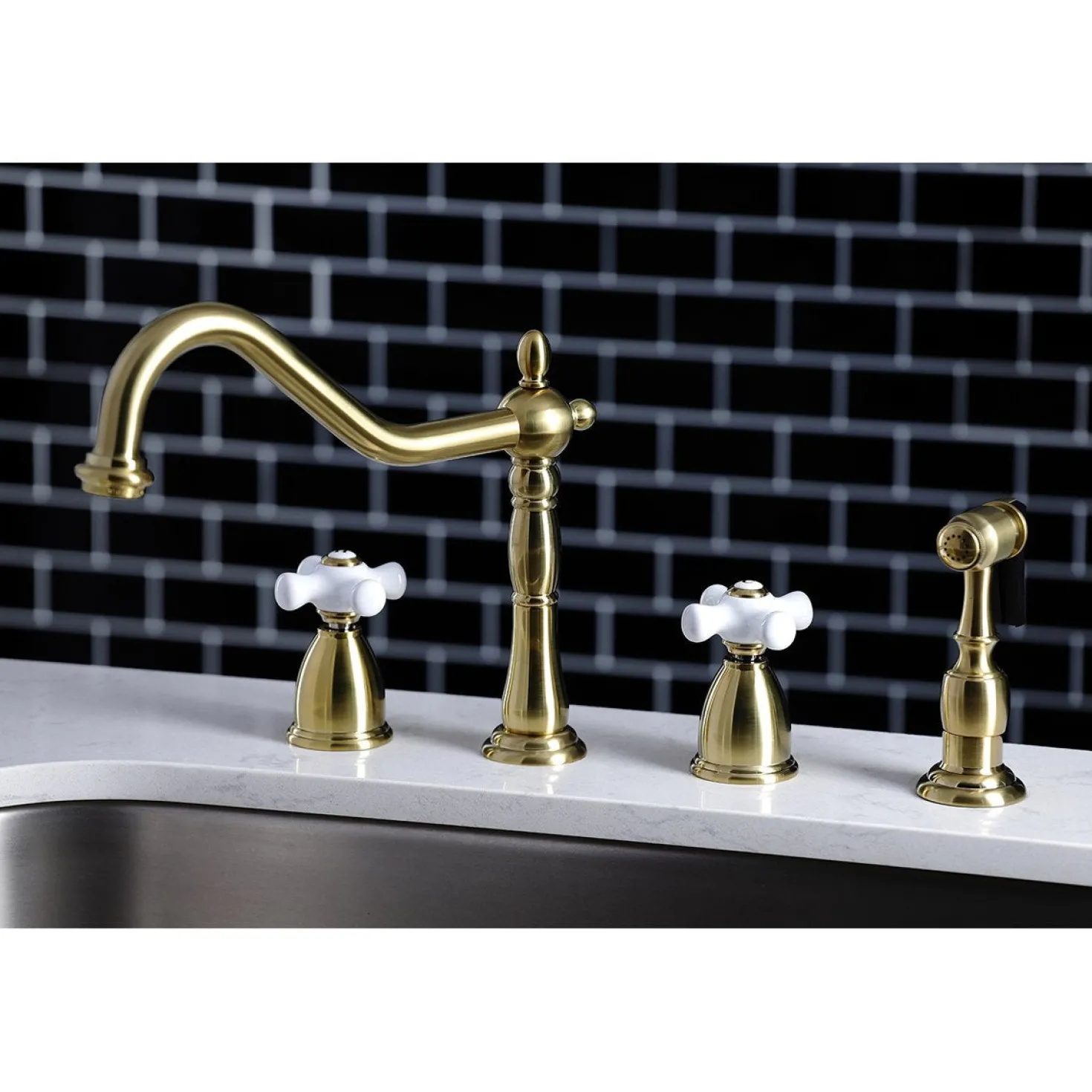 Kingston Brass Heritage 4-Hole Widespread Kitchen Faucet with Brass Sprayer