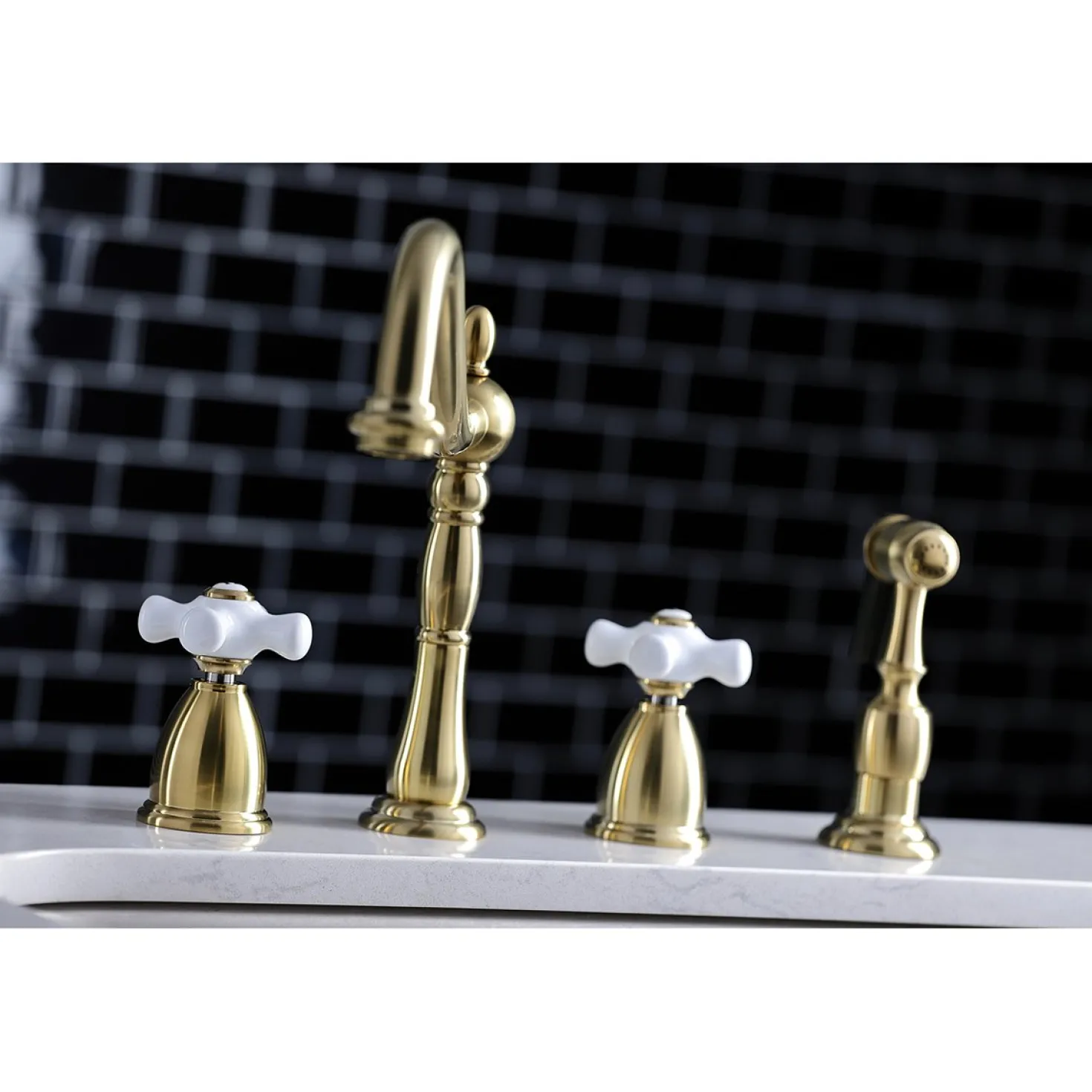 Kingston Brass Heritage 4-Hole Widespread Kitchen Faucet with Brass Sprayer