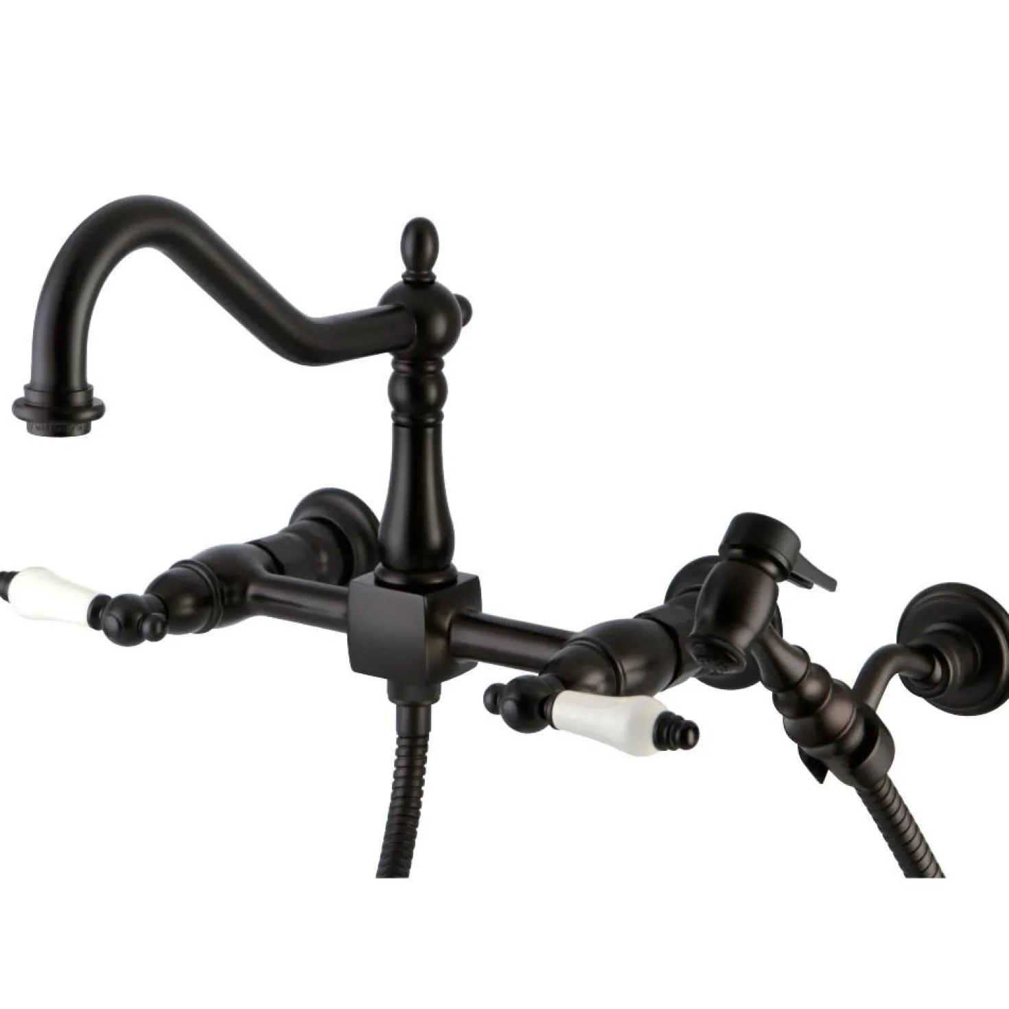 Kingston Brass Heritage 3-Hole 8-Inch Wall Mount Kitchen Faucet with Brass Sprayer