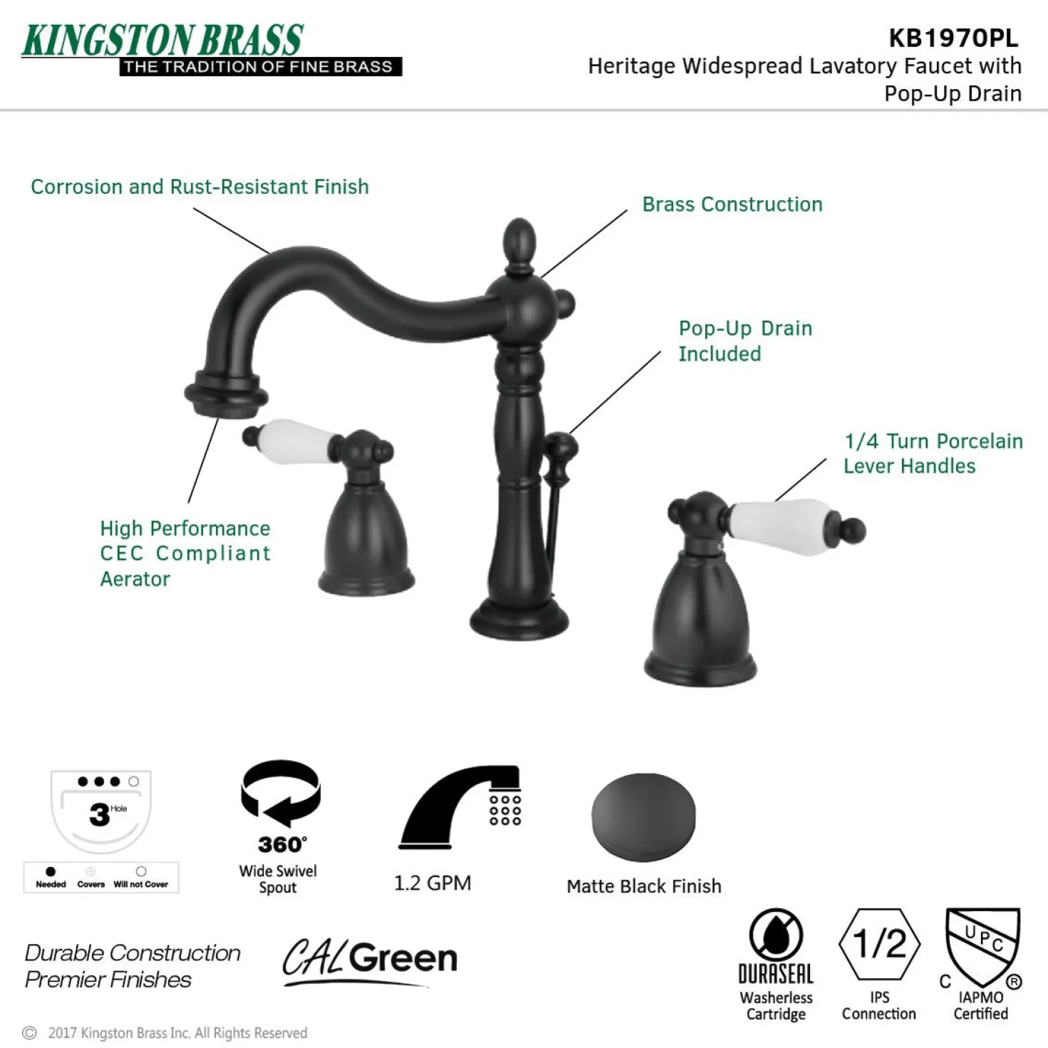 Kingston Brass Heritage 3-Hole 8-Inch Widespread Bathroom Faucet