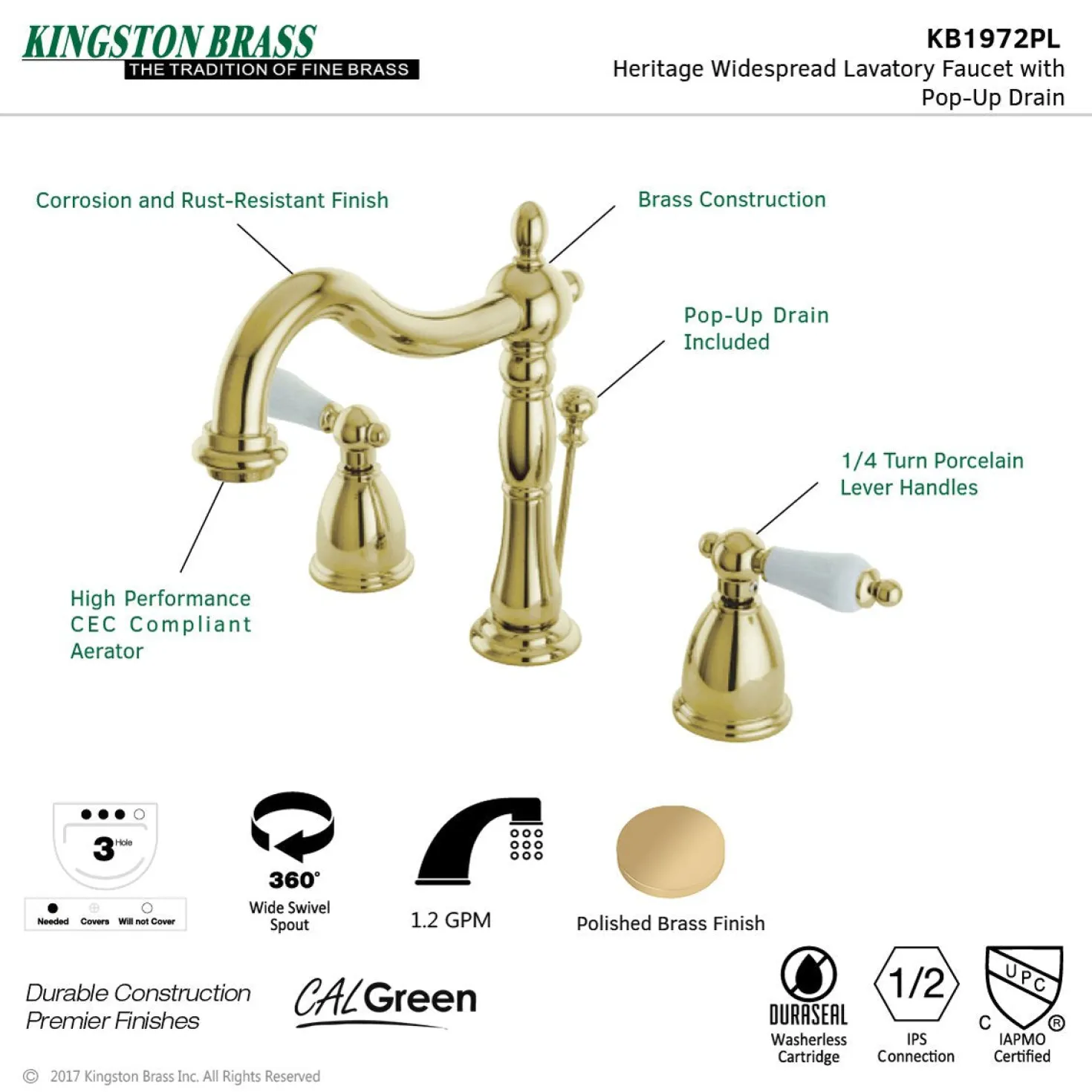 Kingston Brass Heritage 3-Hole 8-Inch Widespread Bathroom Faucet