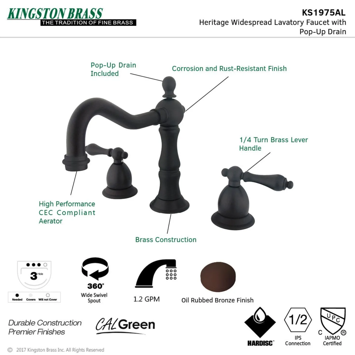 Kingston Brass Heritage 3-Hole 8" Widespread Bathroom Faucet