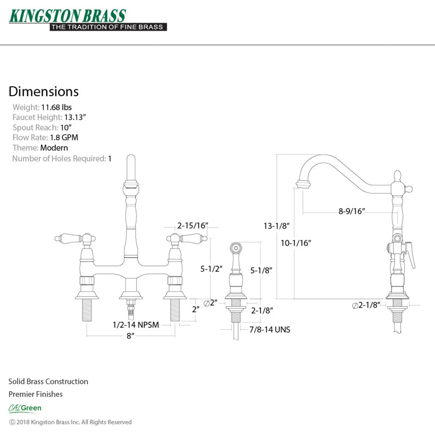 Kingston Brass Heritage 8-Inch Bridge Kitchen Faucet with Brass Sprayer