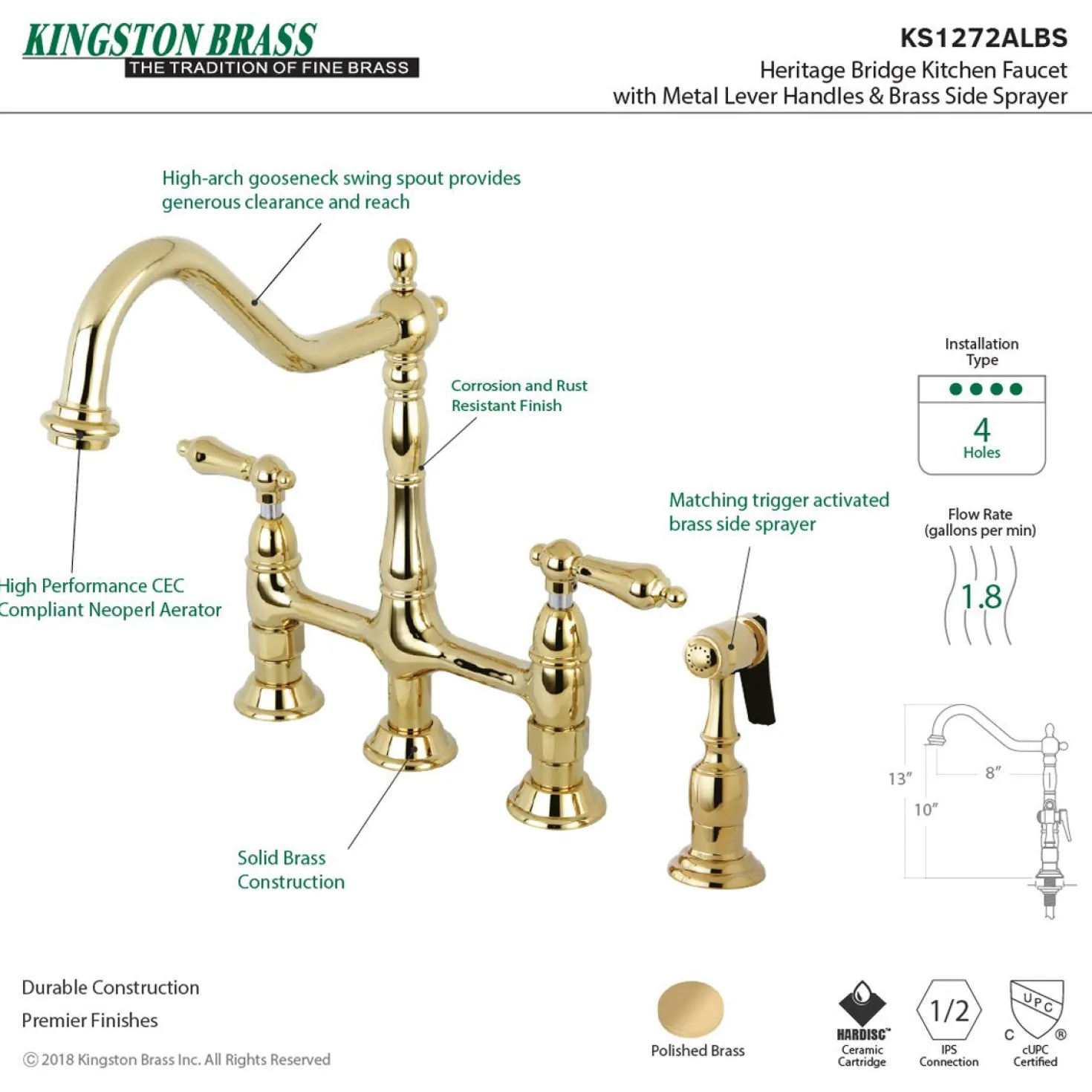 Kingston Brass Heritage 8-Inch Bridge Kitchen Faucet with Brass Sprayer