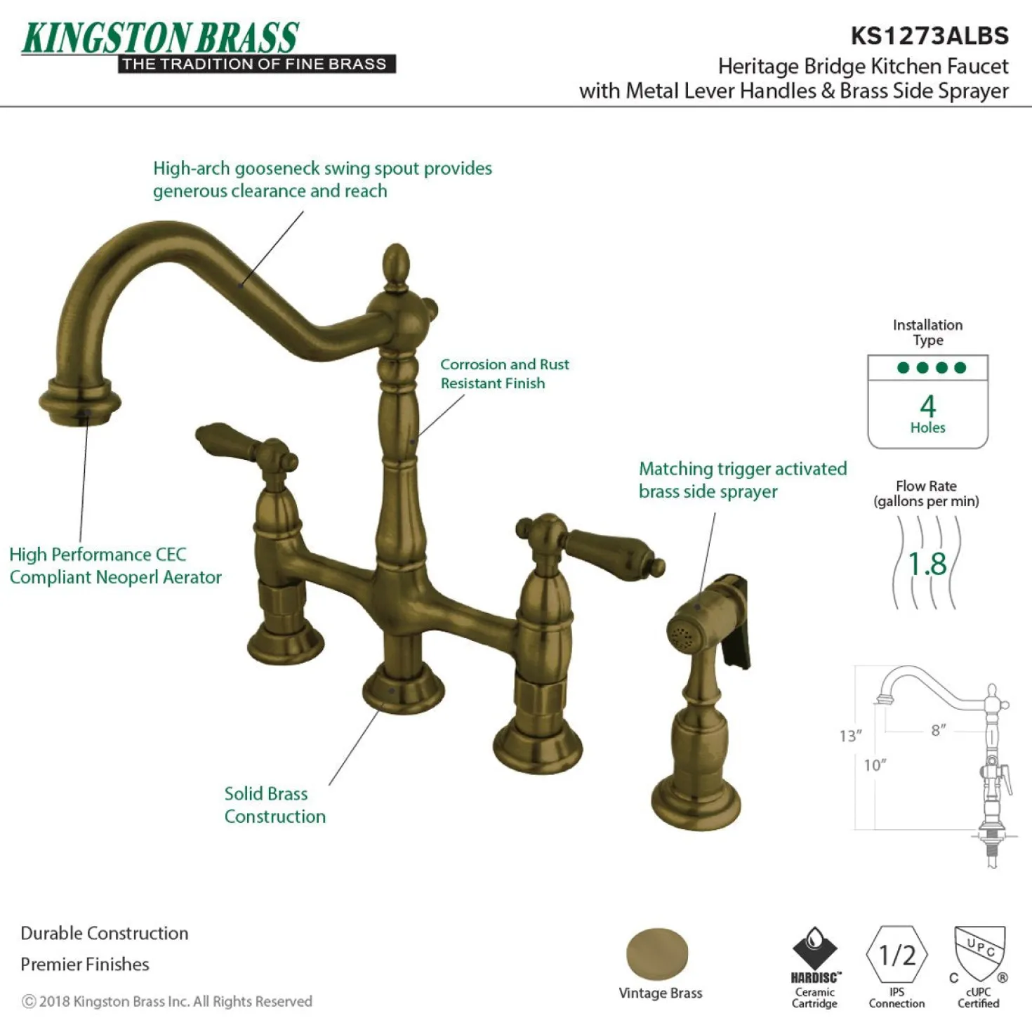Kingston Brass Heritage 8-Inch Bridge Kitchen Faucet with Brass Sprayer