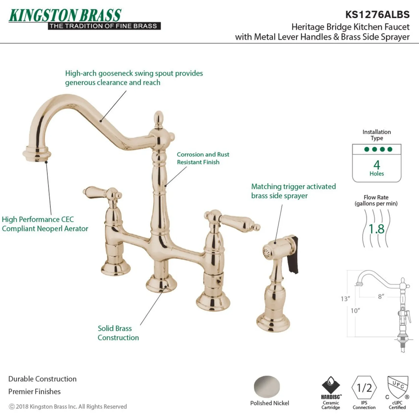 Kingston Brass Heritage 8-Inch Bridge Kitchen Faucet with Brass Sprayer