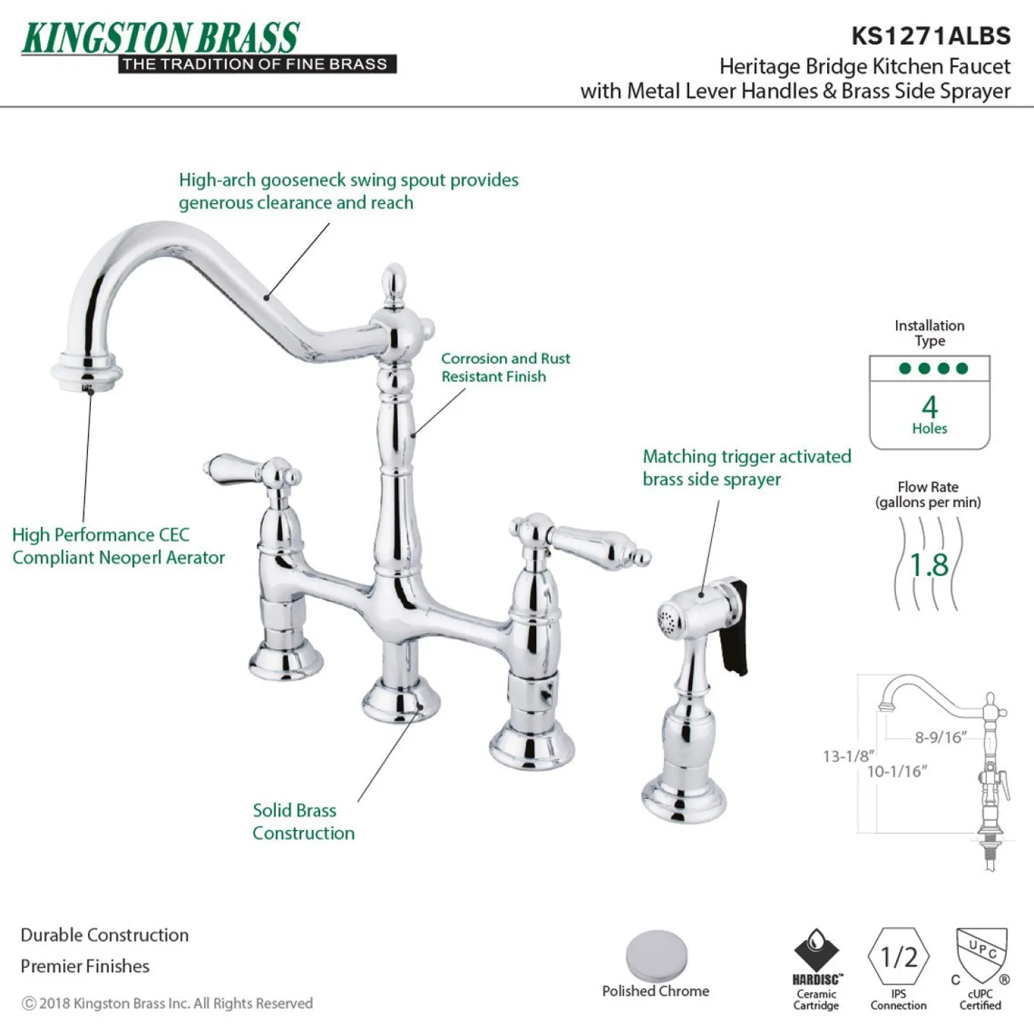 Kingston Brass Heritage 8-Inch Bridge Kitchen Faucet with Brass Sprayer