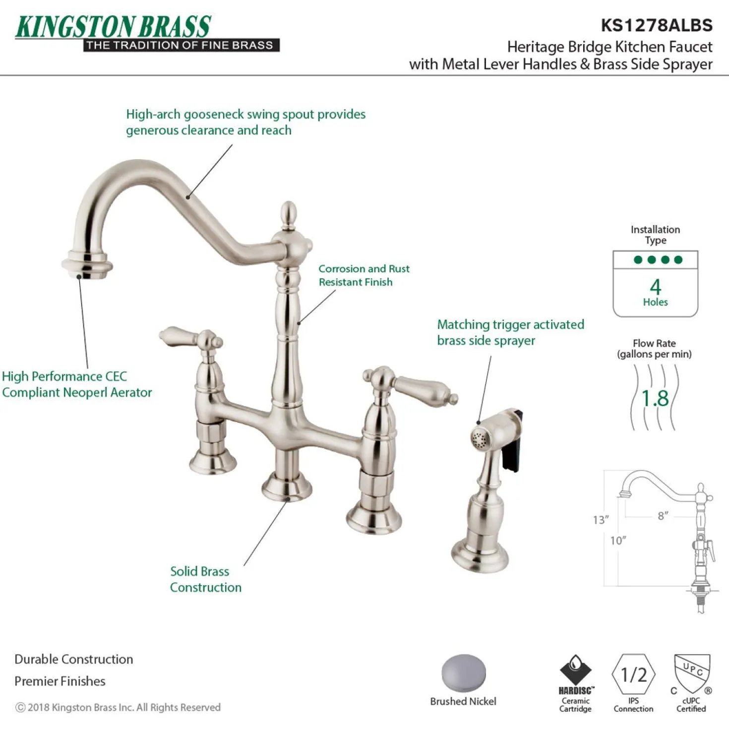 Kingston Brass Heritage 8-Inch Bridge Kitchen Faucet with Brass Sprayer