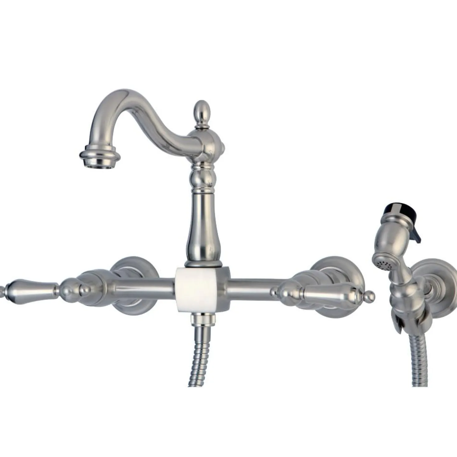 Kingston Brass Heritage 8-Inch Centerset Wall Mount Kitchen Faucet with Brass Sprayer