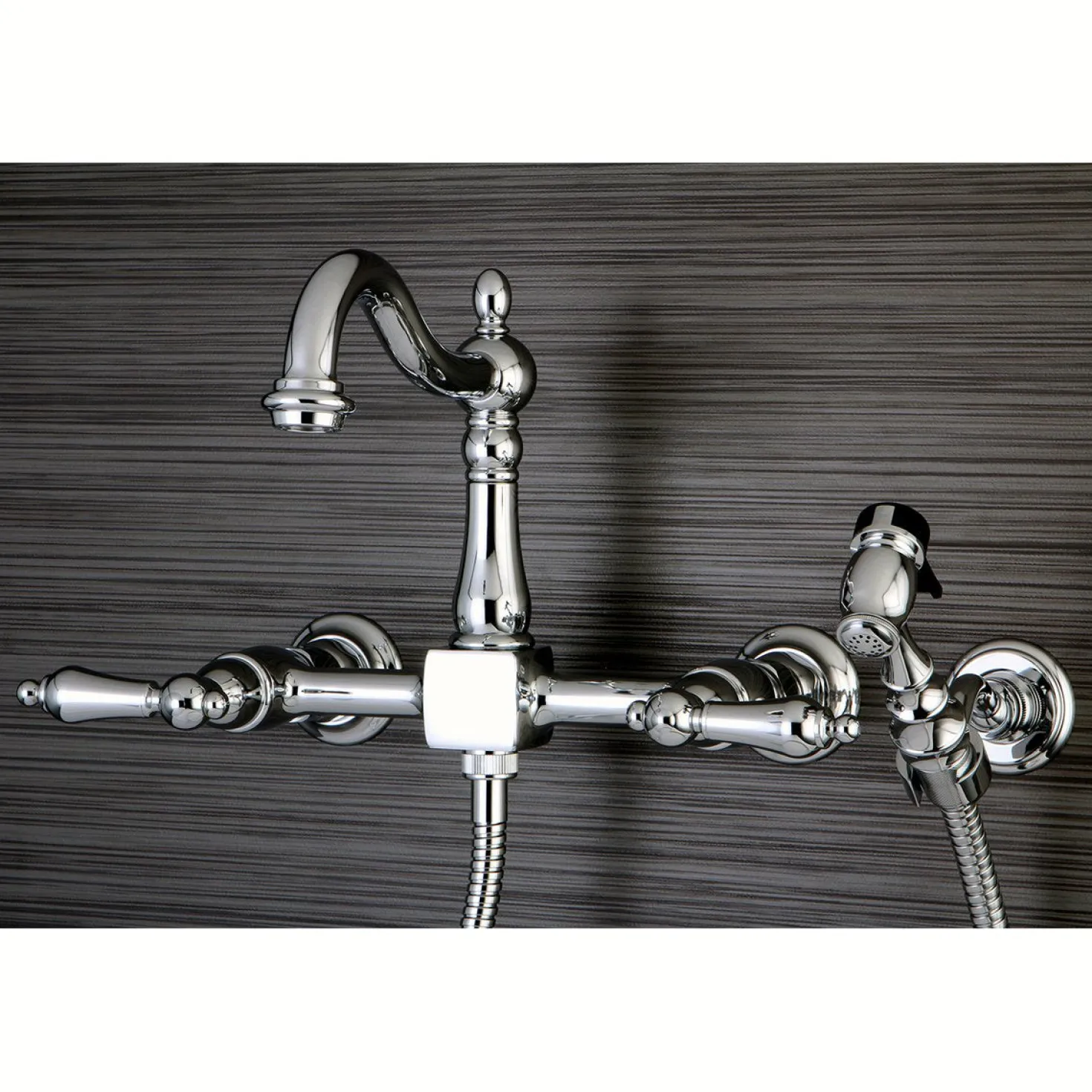 Kingston Brass Heritage 8-Inch Centerset Wall Mount Kitchen Faucet with Brass Sprayer