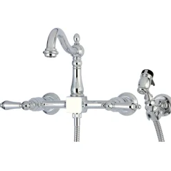 Kingston Brass Heritage 8-Inch Centerset Wall Mount Kitchen Faucet with Brass Sprayer