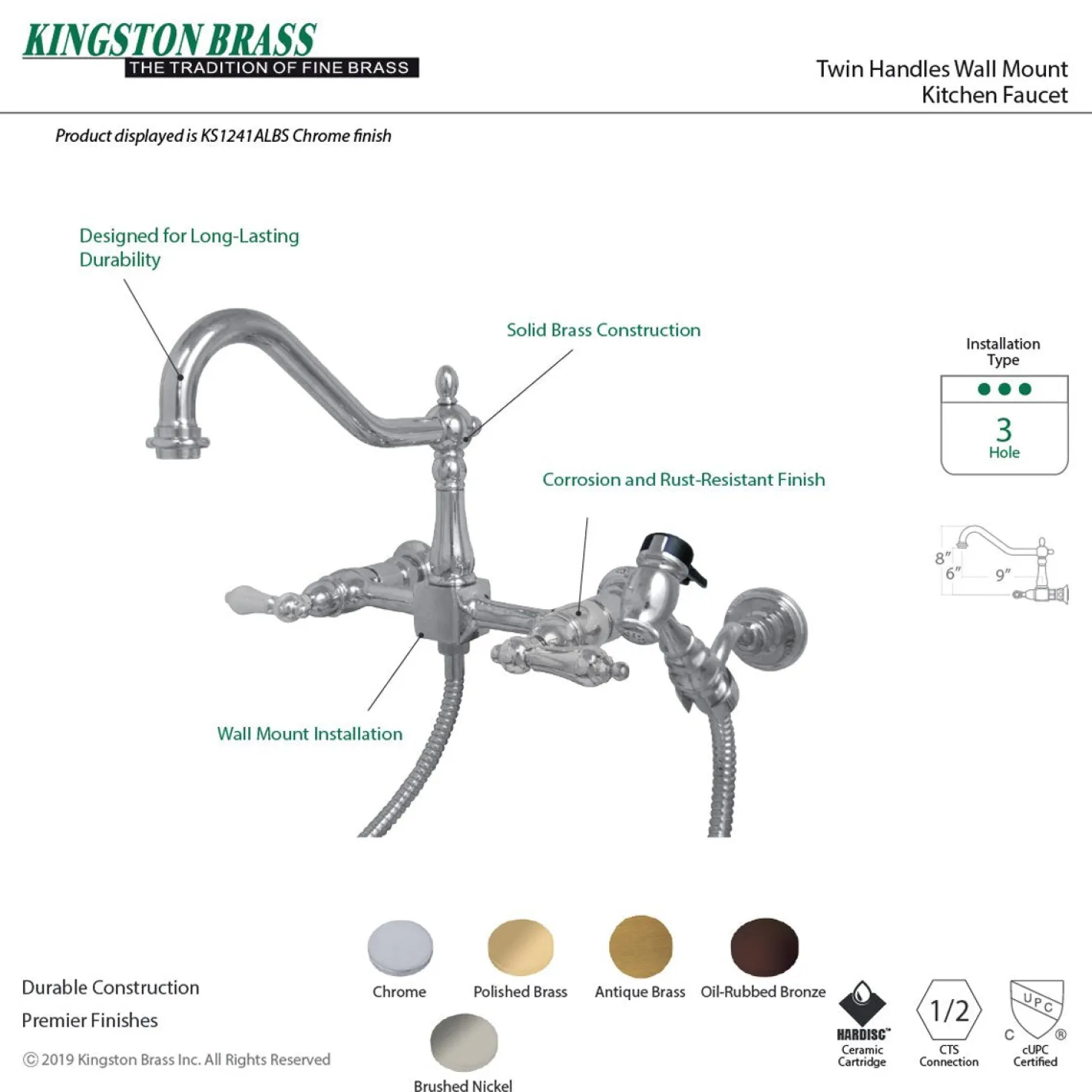 Kingston Brass Heritage 8-Inch Wall Mount Kitchen Faucet with Brass Sprayer