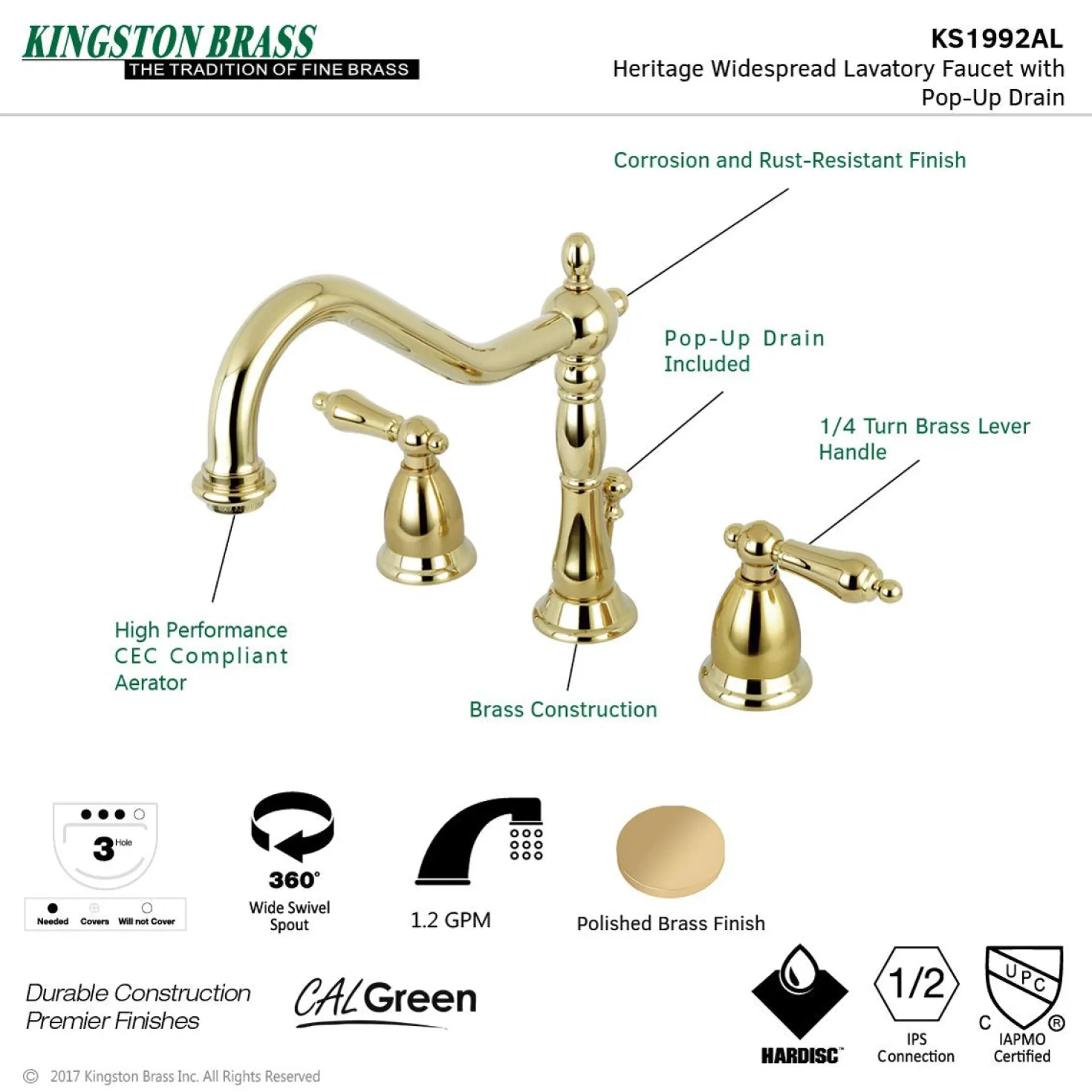 Kingston Brass Heritage 8-Inch Widespread Bathroom Faucet with Brass Pop-Up