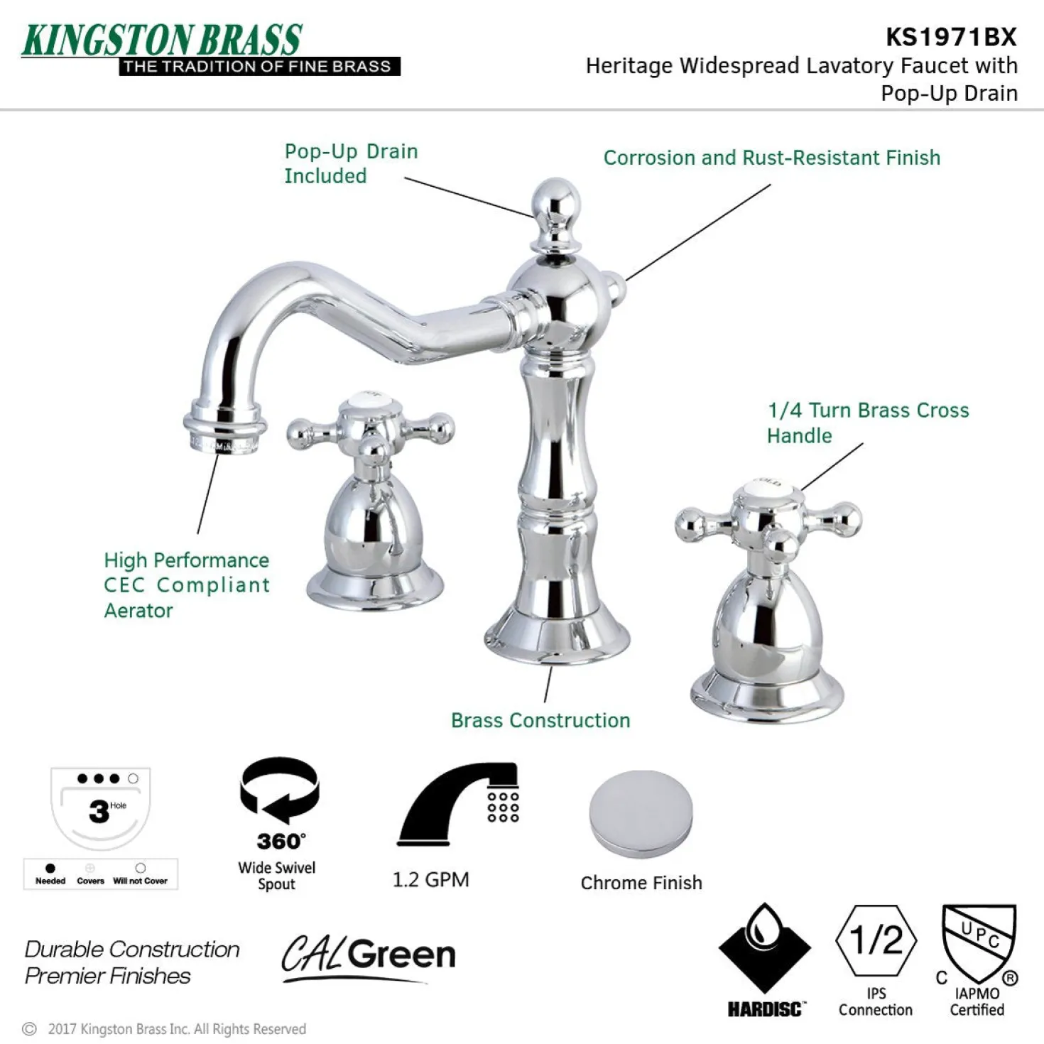 Kingston Brass Heritage 8-Inch Widespread Cross-Handle Bathroom Faucet