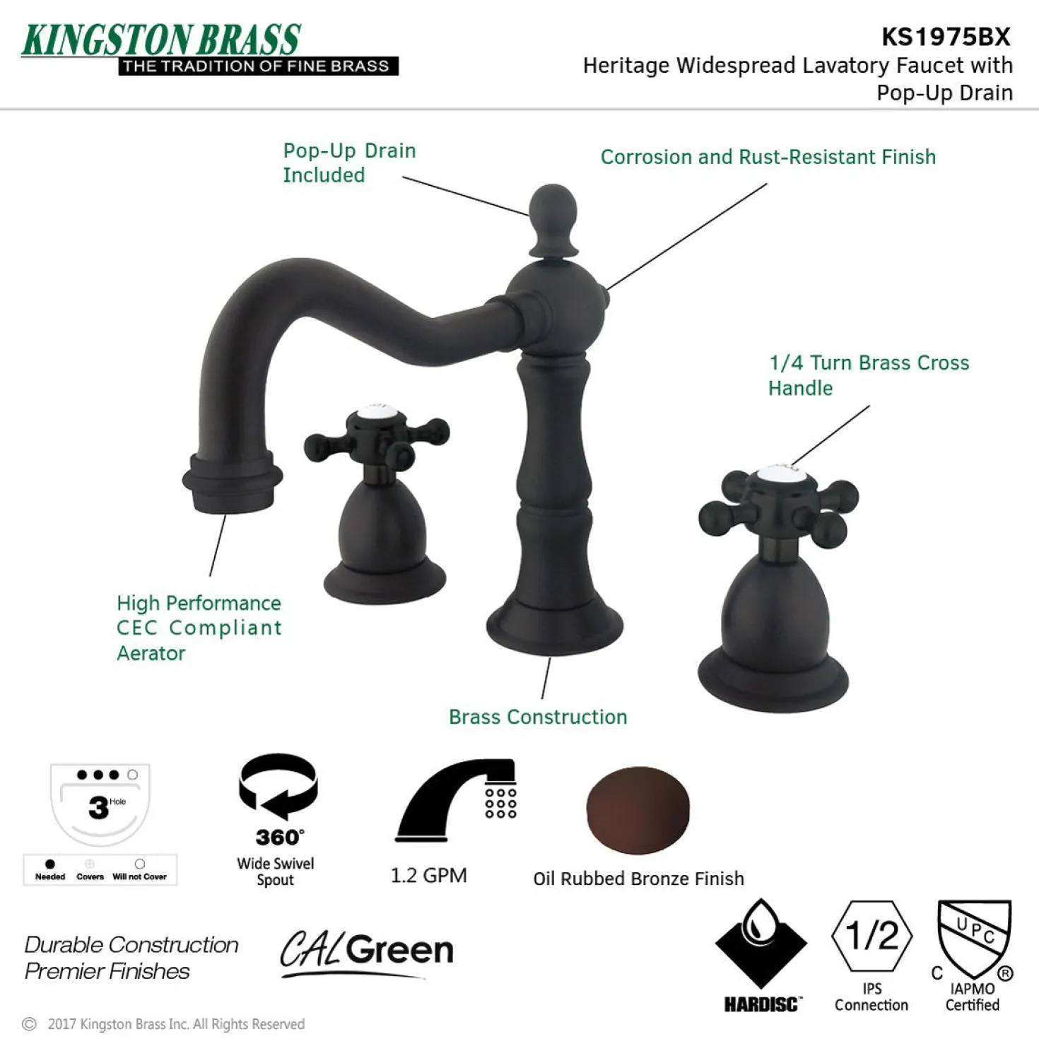 Kingston Brass Heritage 8-Inch Widespread Cross-Handle Bathroom Faucet