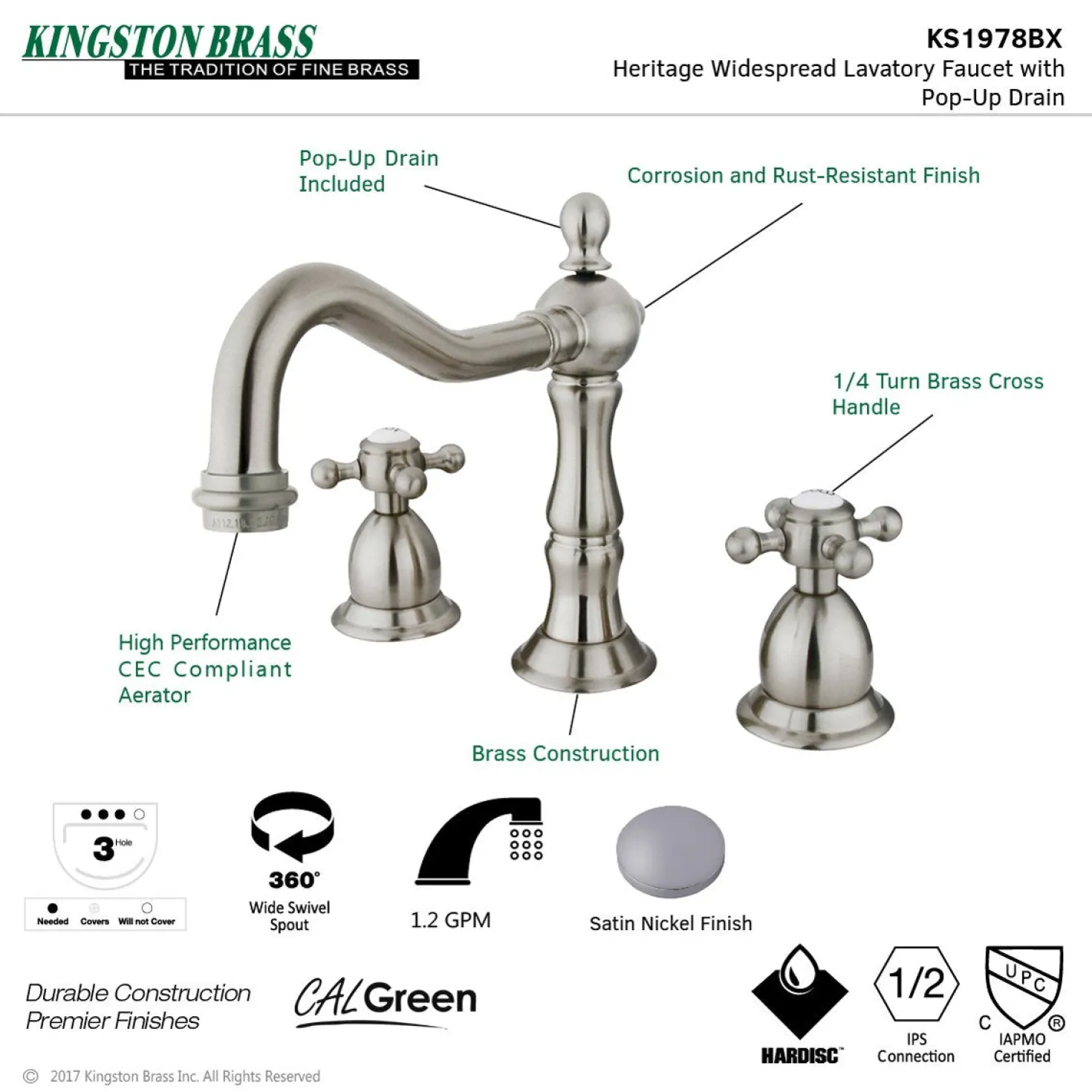 Kingston Brass Heritage 8-Inch Widespread Cross-Handle Bathroom Faucet