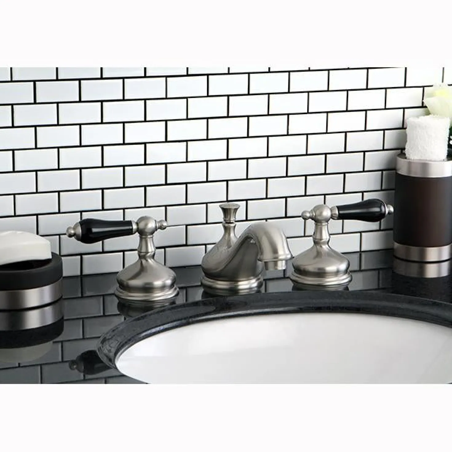 Kingston Brass Heritage Onyx Solid Brass Widespread Lavatory Faucet with Black Porcelain Lever Handle