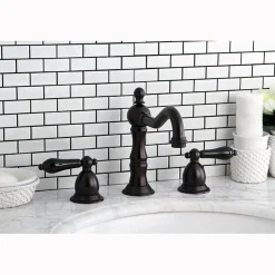 Kingston Brass Heritage Onyx Traditional Widespread Lavatory Faucet with Black Porcelain Lever Handle