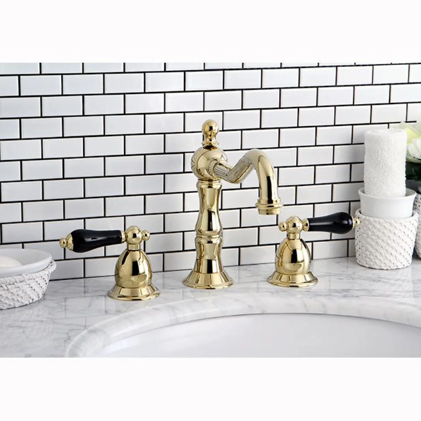 Kingston Brass Heritage Onyx Traditional Widespread Lavatory Faucet with Black Porcelain Lever Handle