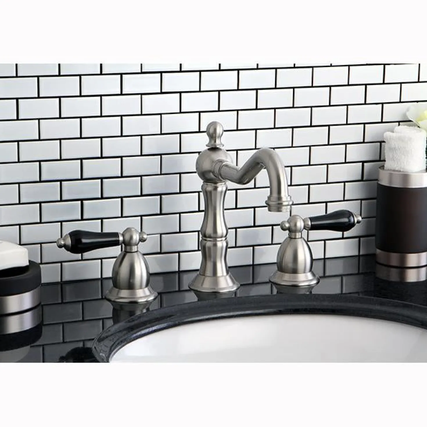 Kingston Brass Heritage Onyx Traditional Widespread Lavatory Faucet with Black Porcelain Lever Handle