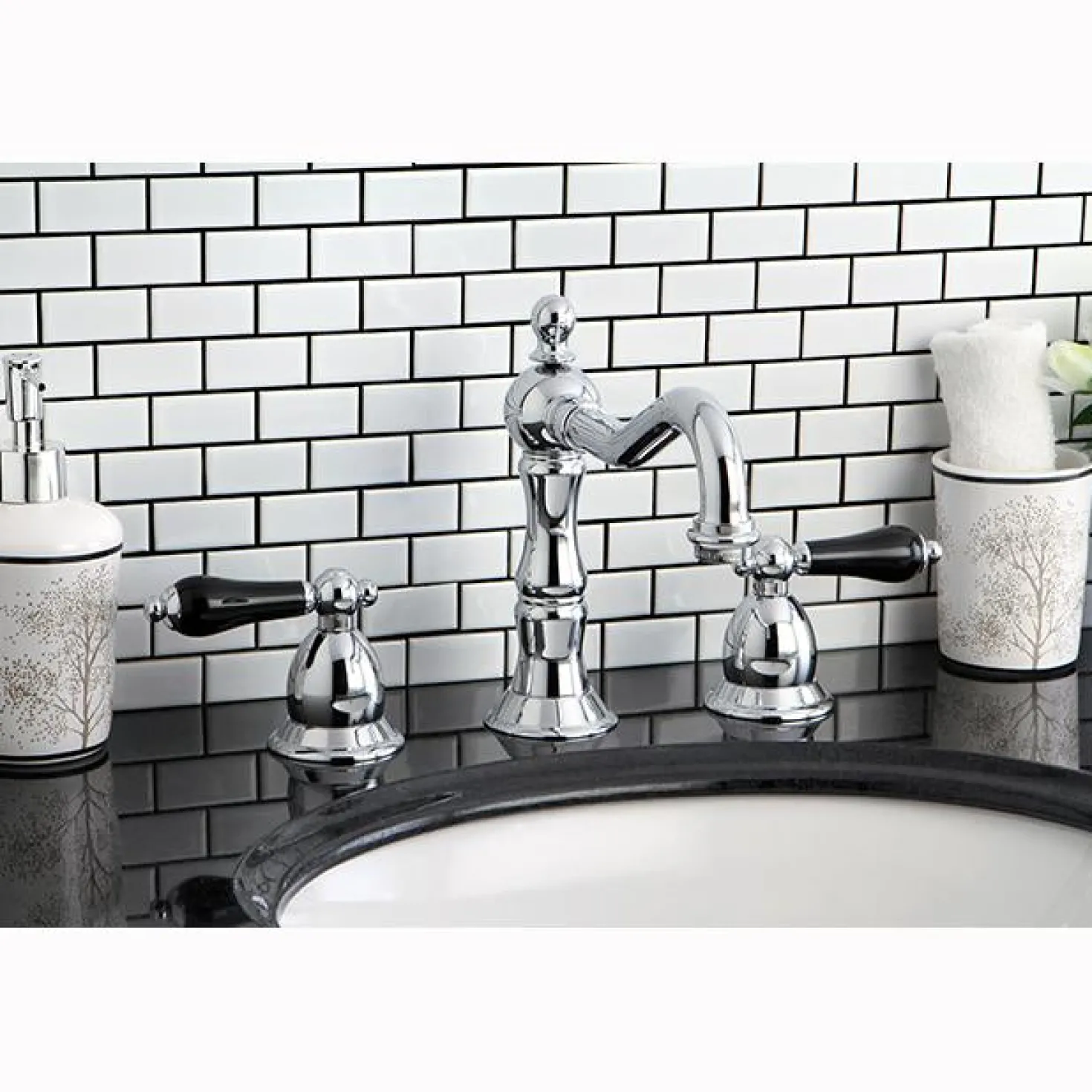 Kingston Brass Heritage Onyx Traditional Widespread Lavatory Faucet with Black Porcelain Lever Handle