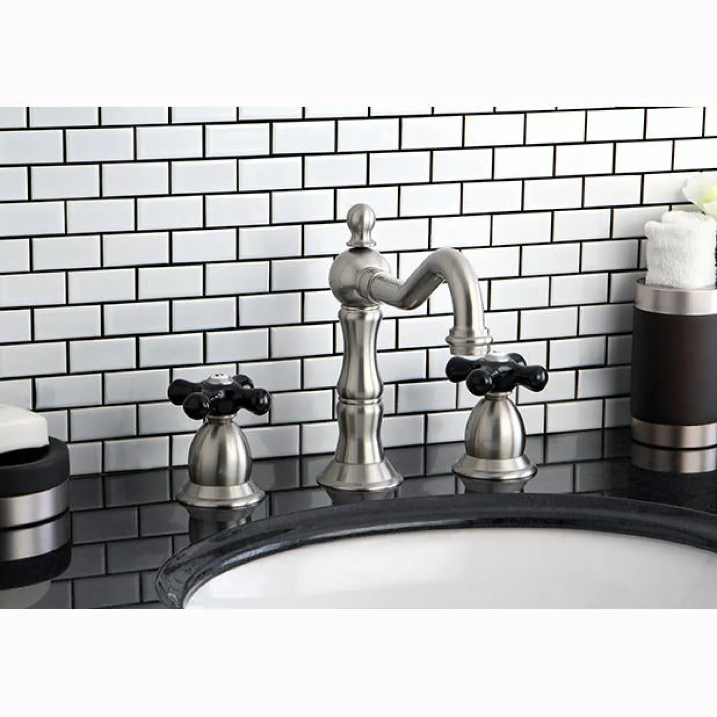 Kingston Brass Heritage Onyx Widespread Solid Brass Lavatory Faucet with Black Porcelain Cross Handle