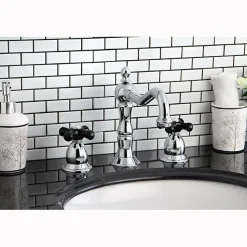 Kingston Brass Heritage Onyx Widespread Solid Brass Lavatory Faucet with Black Porcelain Cross Handle