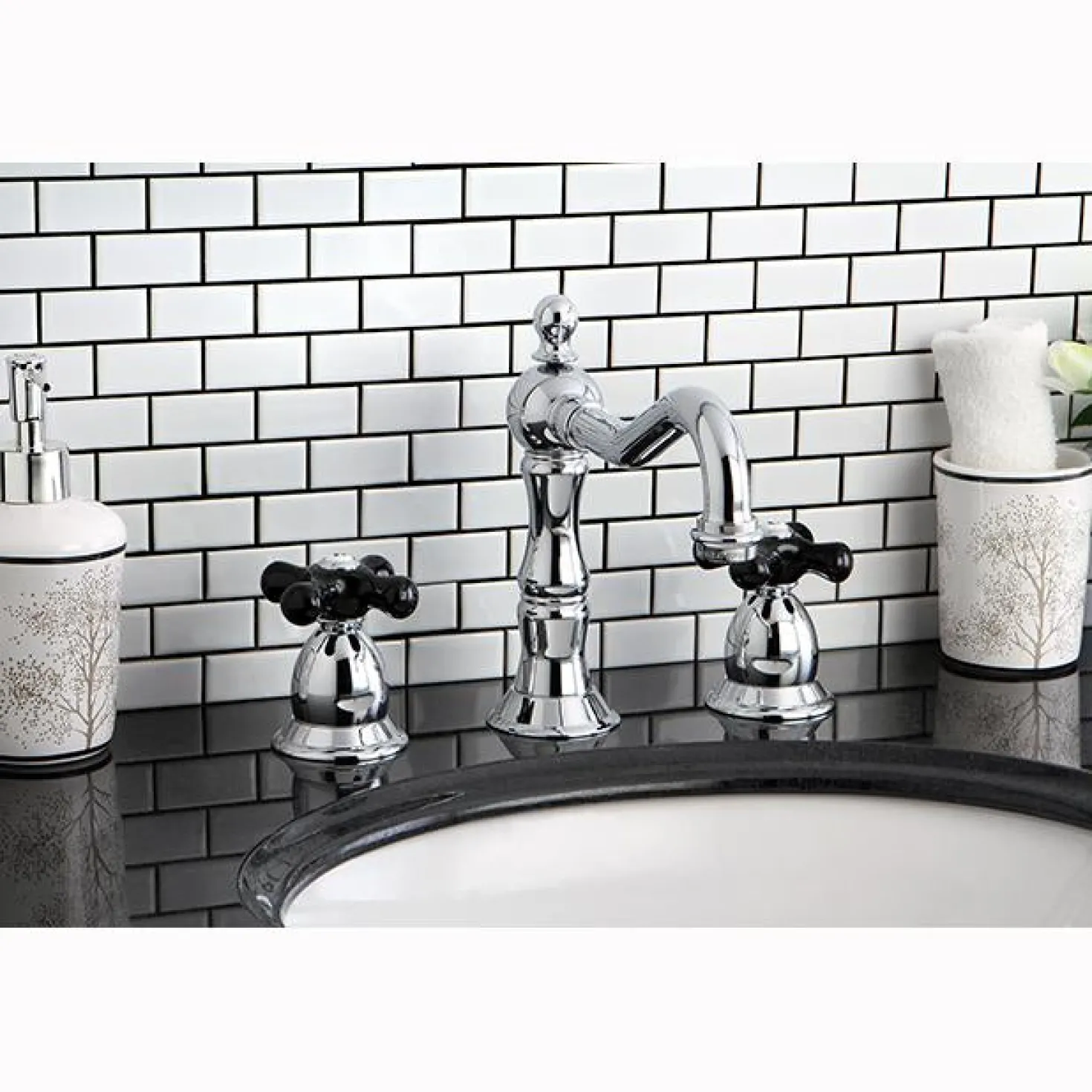 Kingston Brass Heritage Onyx Widespread Solid Brass Lavatory Faucet with Black Porcelain Cross Handle