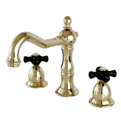 Kingston Brass Heritage Onyx Widespread Solid Brass Lavatory Faucet with Black Porcelain Cross Handle