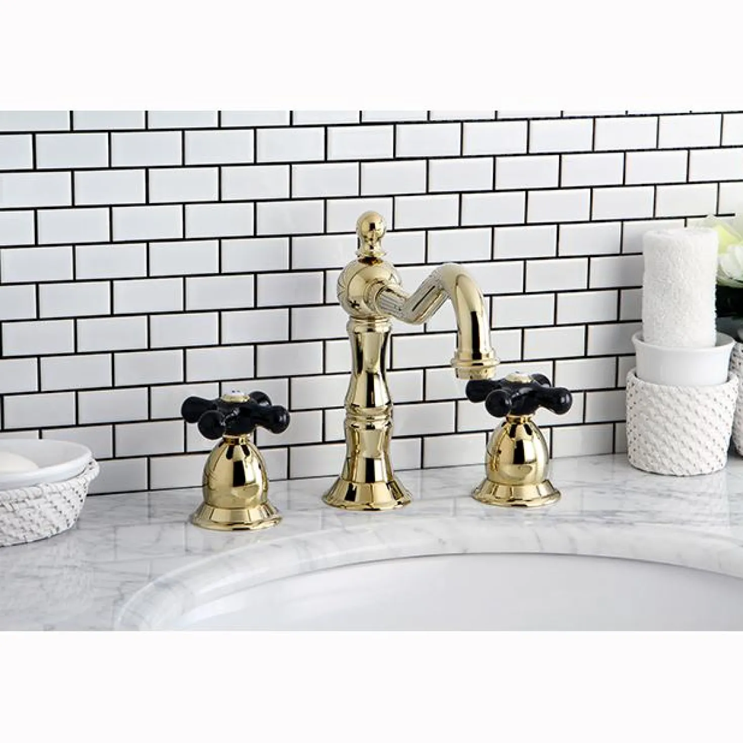 Kingston Brass Heritage Onyx Widespread Solid Brass Lavatory Faucet with Black Porcelain Cross Handle