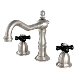 Kingston Brass Heritage Onyx Widespread Solid Brass Lavatory Faucet with Black Porcelain Cross Handle