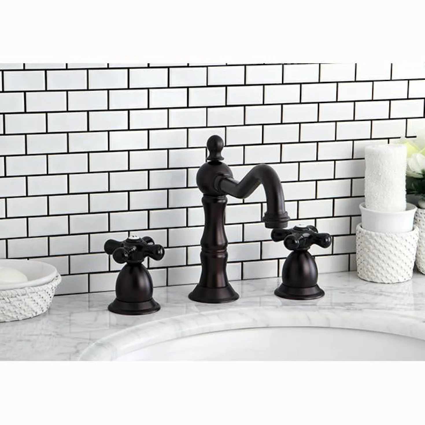 Kingston Brass Heritage Onyx Widespread Solid Brass Lavatory Faucet with Black Porcelain Cross Handle