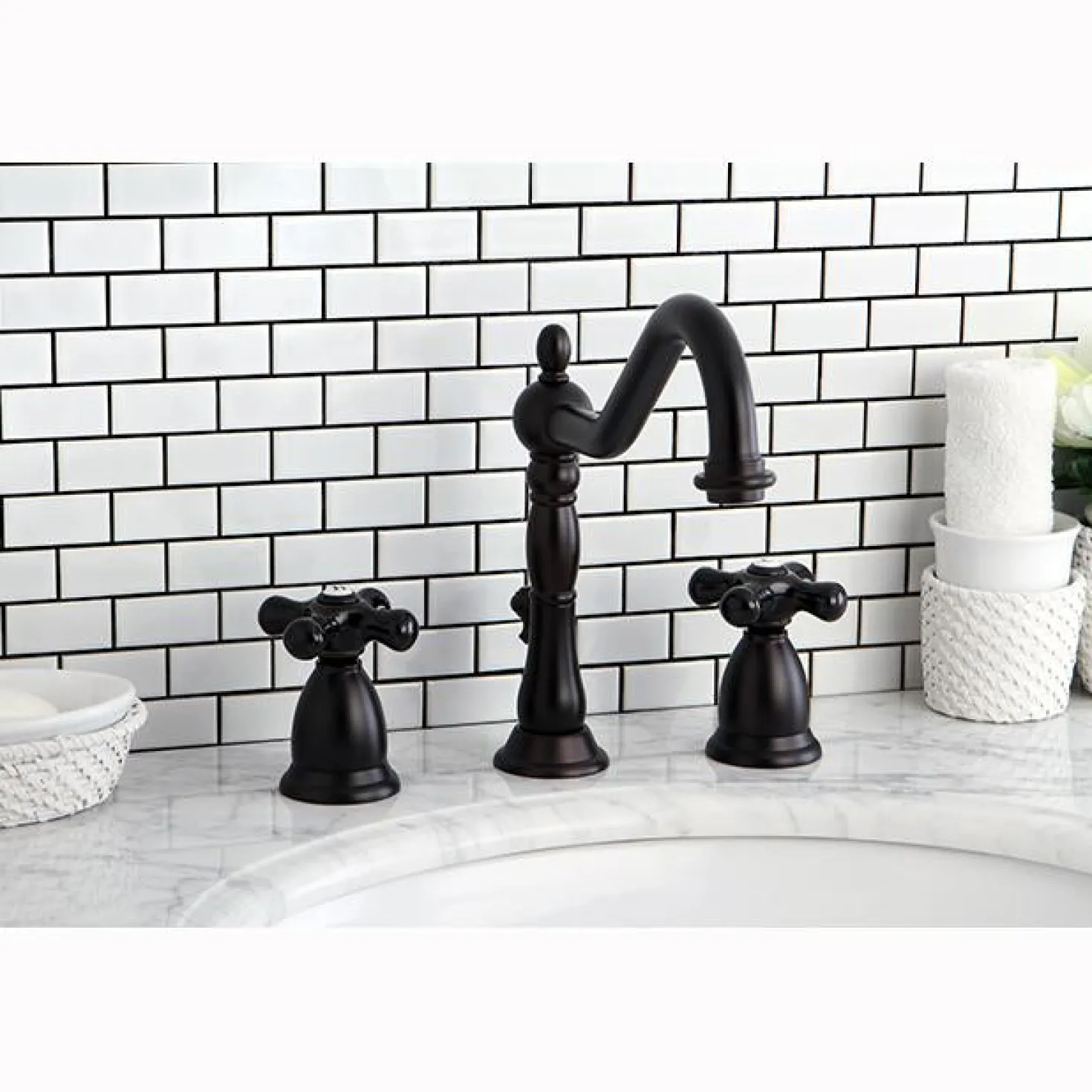 Kingston Brass Heritage Onyx Widespread Lavatory Faucet with Black Porcelain Cross Handle