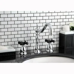 Kingston Brass Heritage Onyx Widespread Lavatory Faucet with Black Porcelain Cross Handle