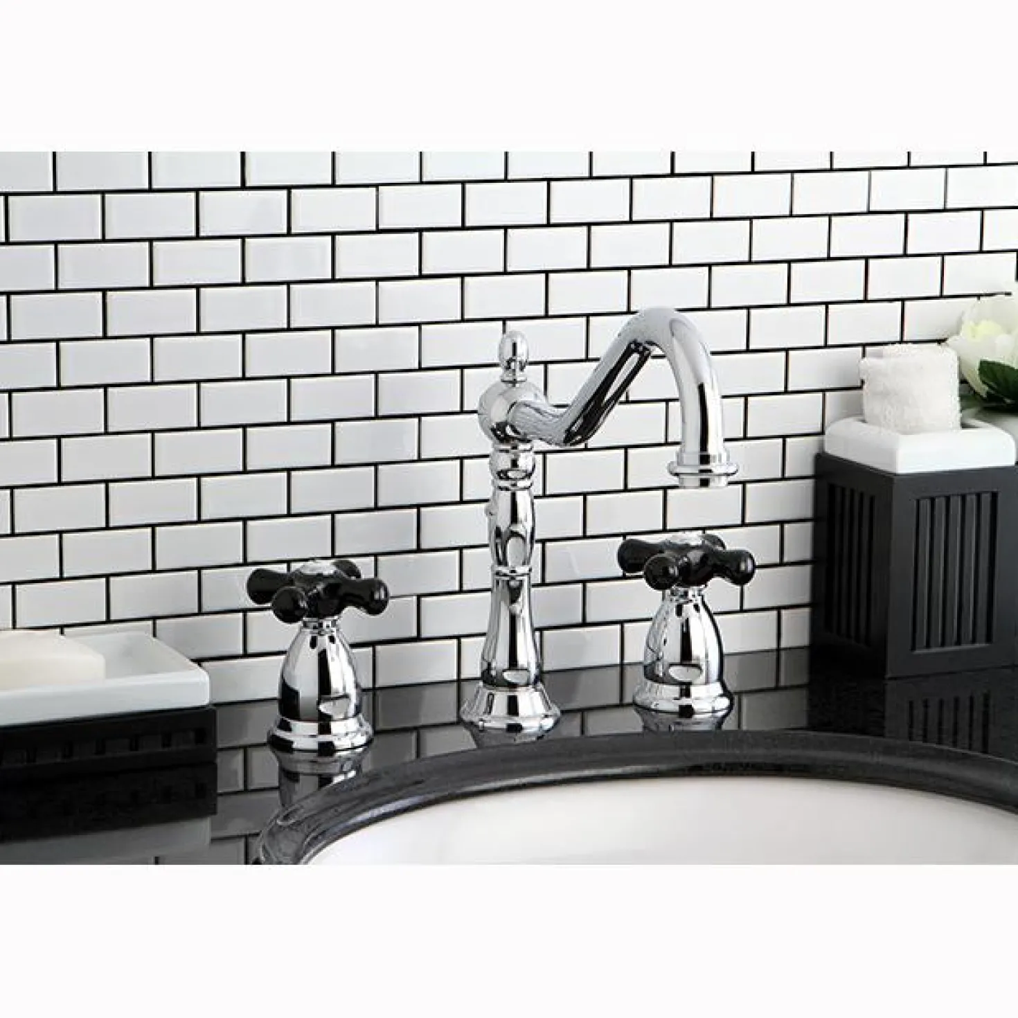 Kingston Brass Heritage Onyx Widespread Lavatory Faucet with Black Porcelain Cross Handle